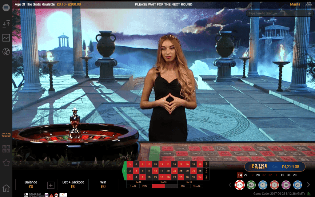 A screenshot of a Live Age of the Gods Roulette game being played at Betfair Casino