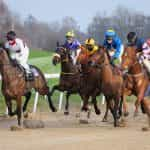 Six jockeys racing their horses at full speed during a race at an outdoor horse racing track.