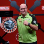 Michael van Gerwen with his 2023 Jacks World Series of Darts Finals trophy.