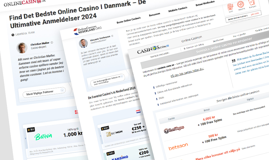 The Homepages of Onlinecasino.dk, OnlineCasinosNederland.org, and Casinos.com.se 