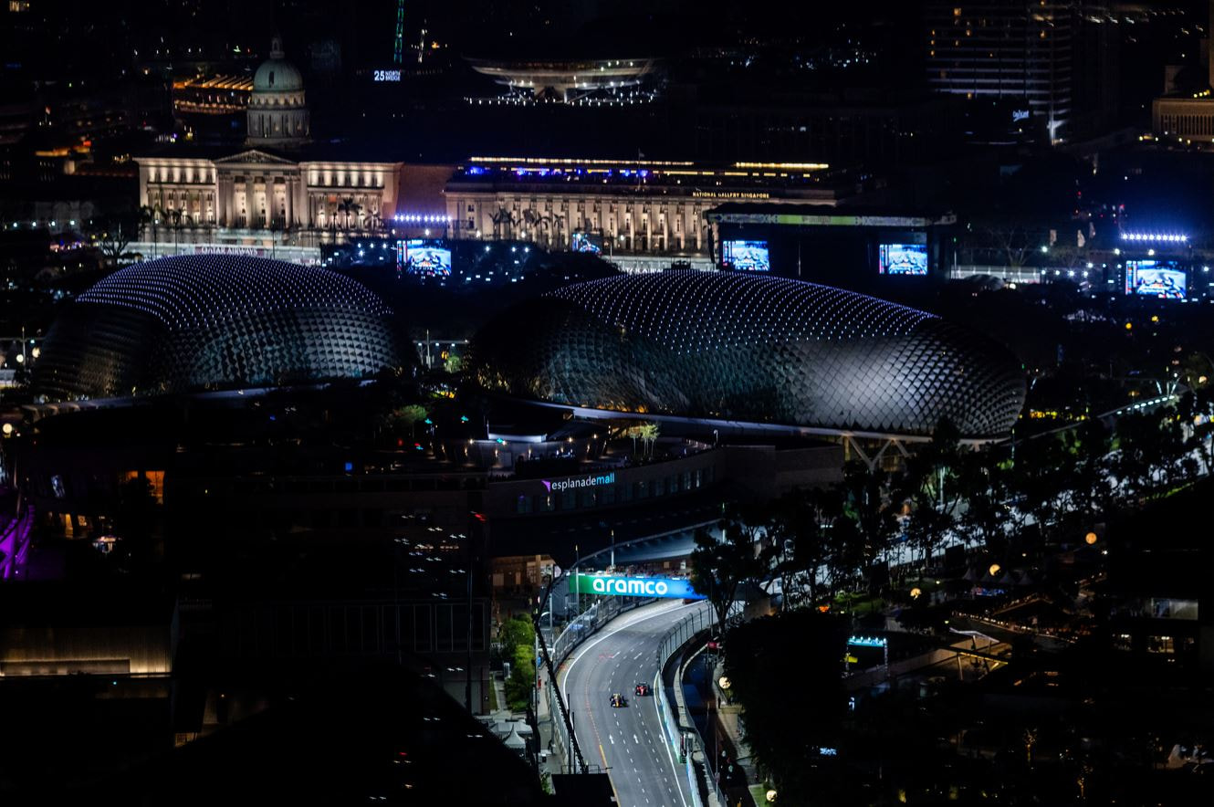 Singapore’s Formula 1 circuit seen from above after dark.